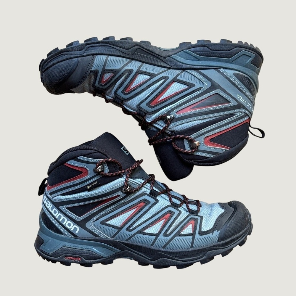Salomon Men's Size 10 X Ultra 3 Mid GTX Hiking Shoes Boot Gore-Tex Grey Red